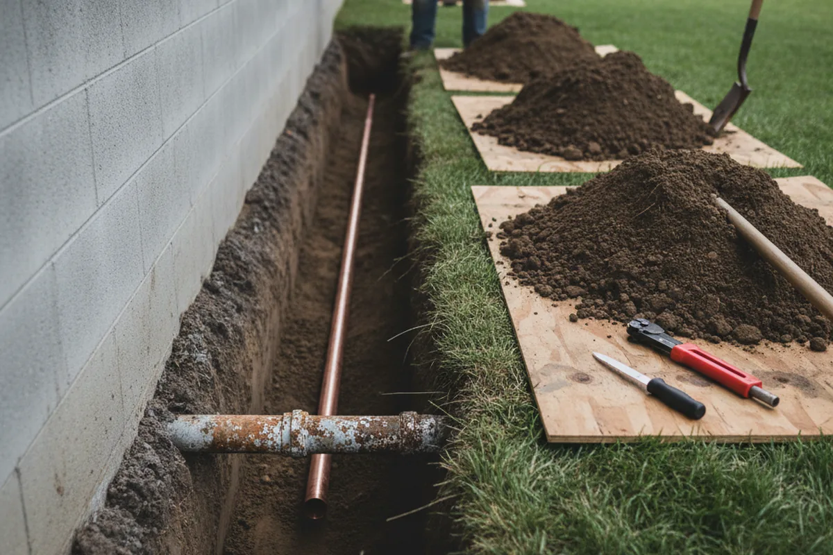 Excavated water line trench during Water Softener Installation in Lamona